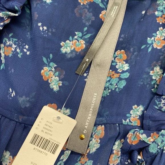 Anthropologie Sheer Babydoll‎ Blouse Blue Floral Size M Festival Boho Hippie NEW - Picture 6 of 11